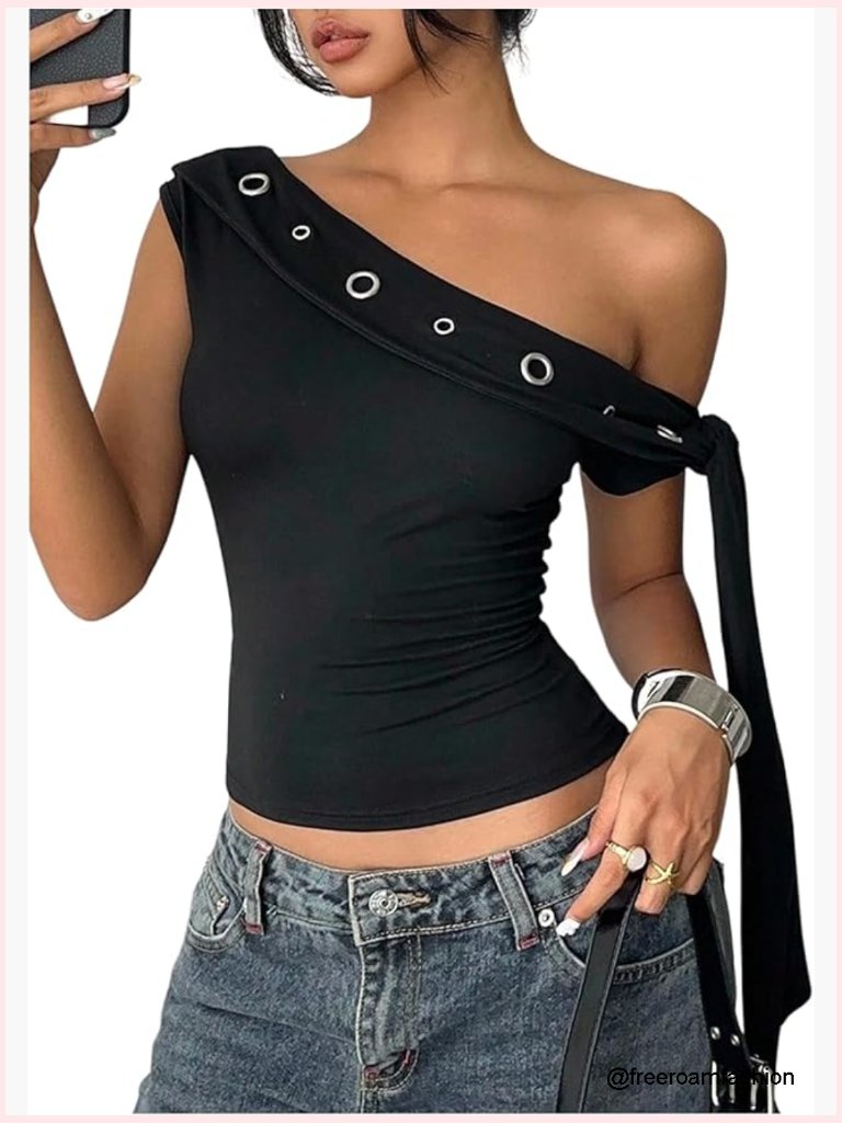 Y2k One Shoulder Crop Tank Top With Grommet Tie Knot